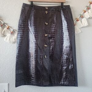 Rachel Comey Faux Leather Croc Chocolate Brown Button Down Midi Aline Skirt 16